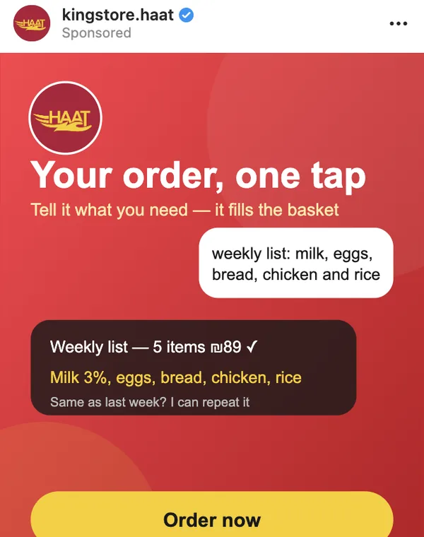 A sponsored Instagram post for King Store on Haat — the ad itself fills the weekly basket in one tap