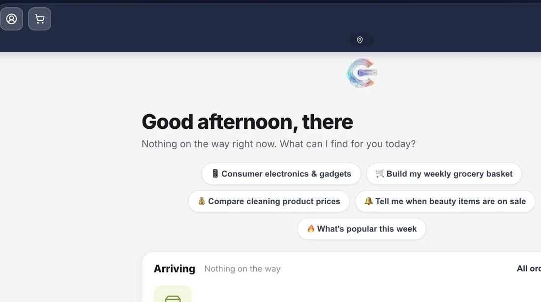 The standalone eSentriX agent page — a greeting, suggested requests and the shopper's orders, with the live voice button