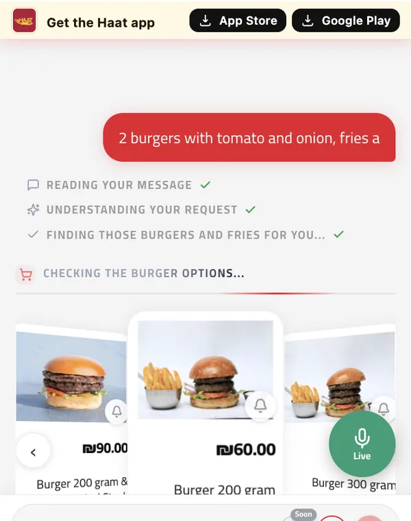 The Haat app: the agent answers a weekly-shop request with the items already in the cart