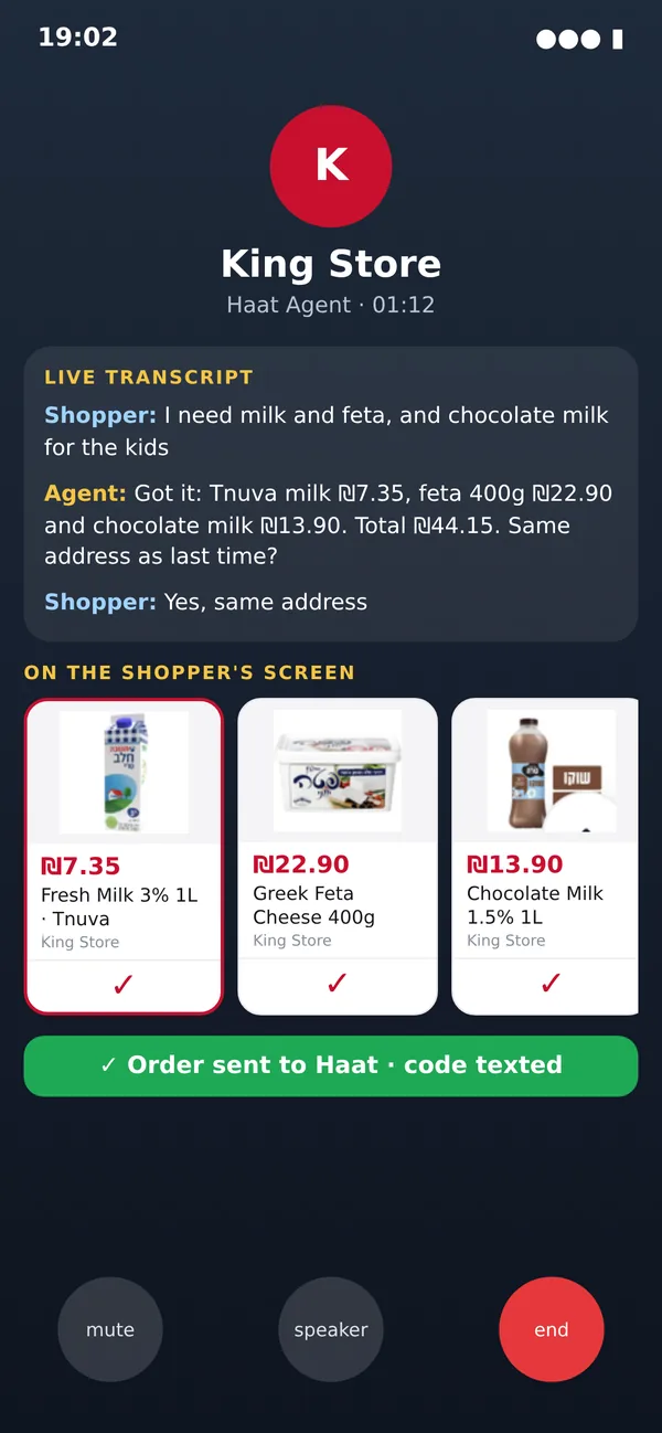 A live call with the King Store agent — the transcript and the basket on the shopper’s screen
