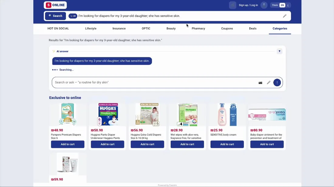 The eSentriX assistant selling on a live storefront — product cards, prices and add-to-cart inside the chat