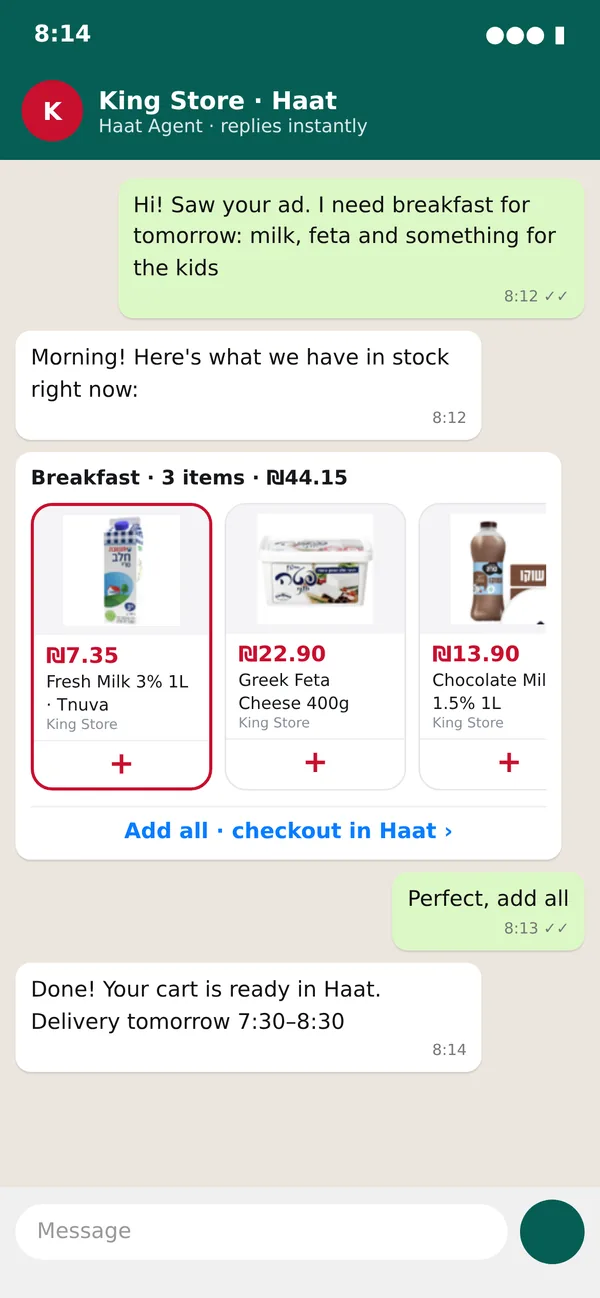 A WhatsApp conversation with the King Store agent — order confirmed and sent to the app